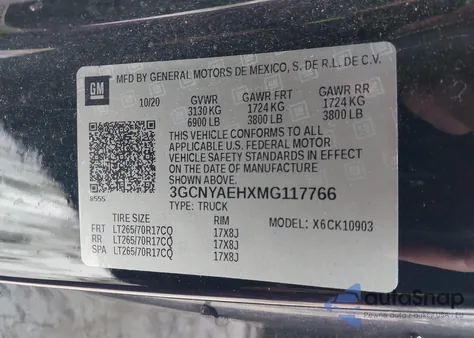 2021 Chevrolet Silverado 1500 4Wd Long Bed Wt из США, поврежденный, VIN 3GCNYAEHXMG117766